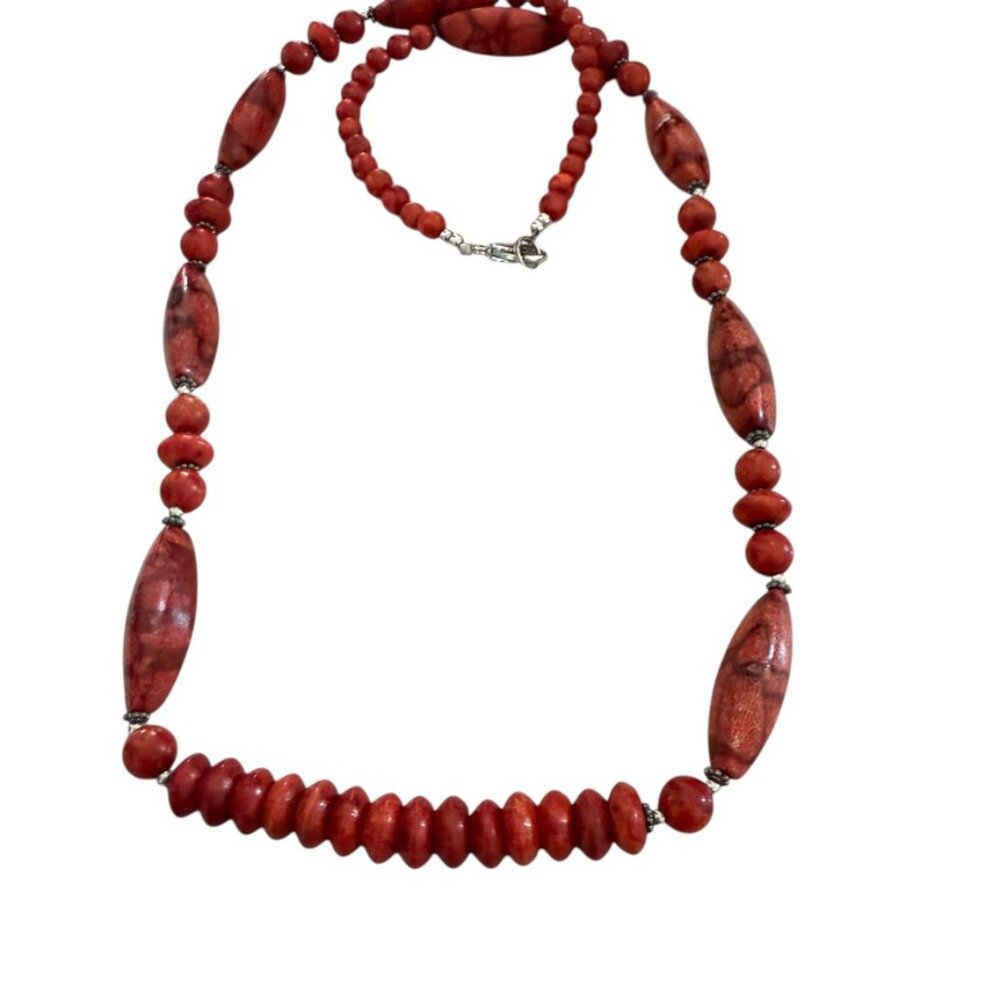 Vintage Lee Sands Sponge Coral Beaded Silver Tone 27" Necklace Signed LS